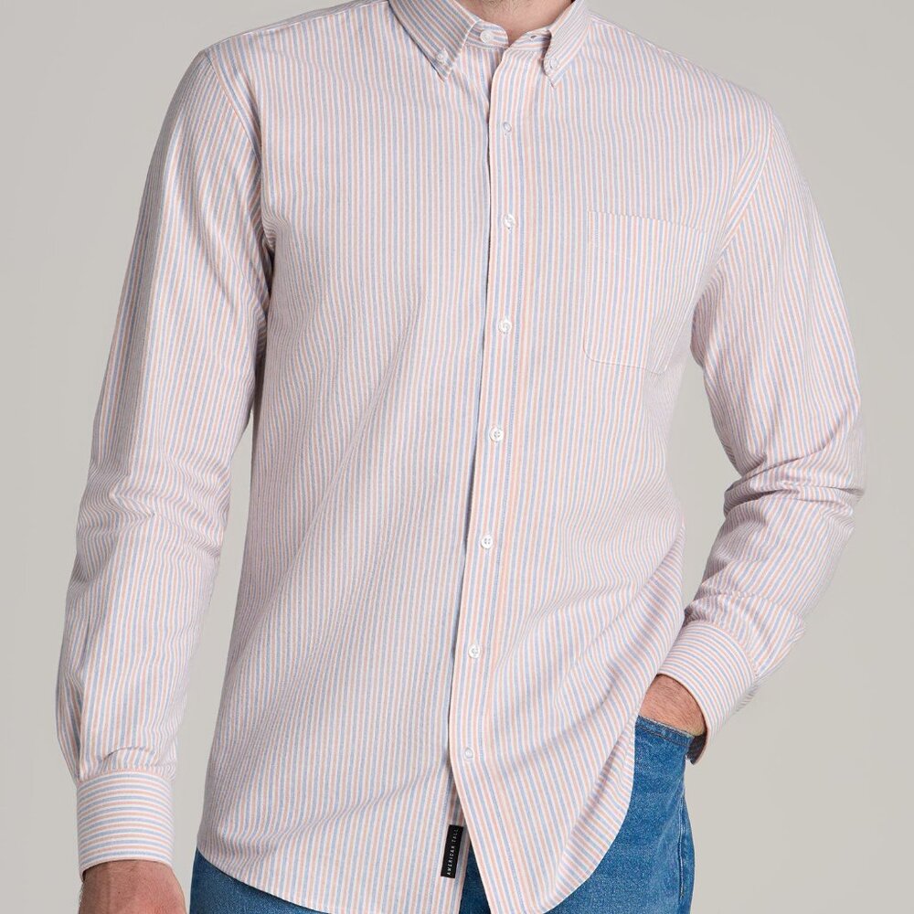American Tall Washed Oxford Shirt for Tall Men in Apricot and Blue Multi Stripe
